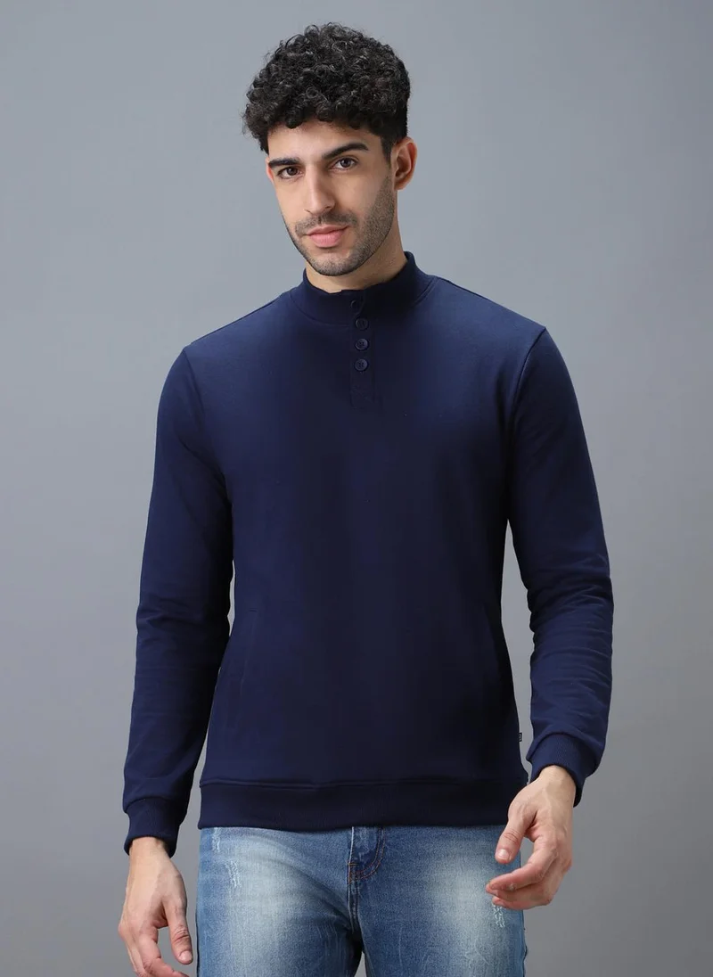 أوربانو فاشن Urbano Fashion Men's Blue Cotton Solid Button High Neck Sweatshirt